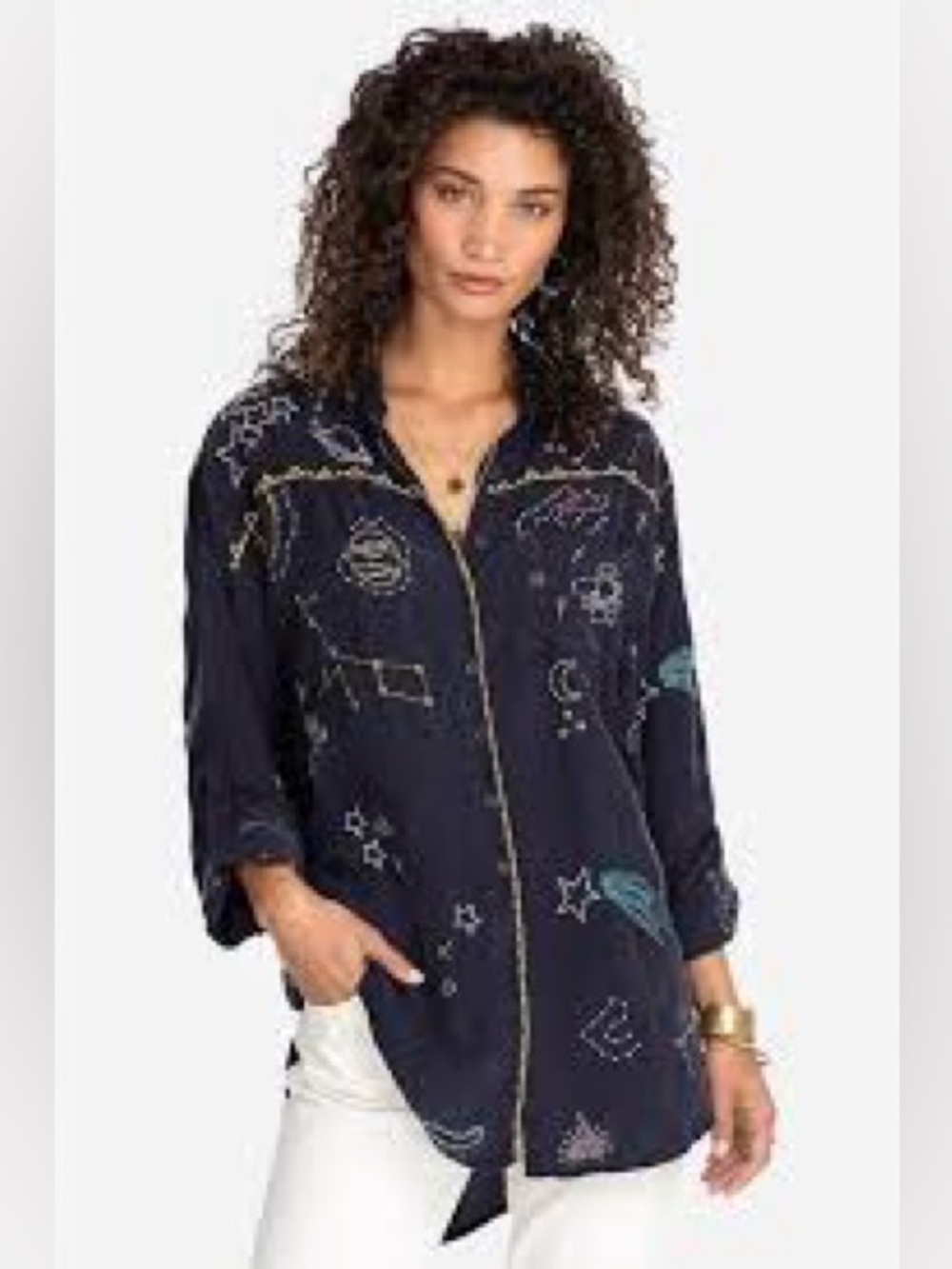 Pete & Greta Stargazing Johnny Was Embroidered Navy Top Sz Large